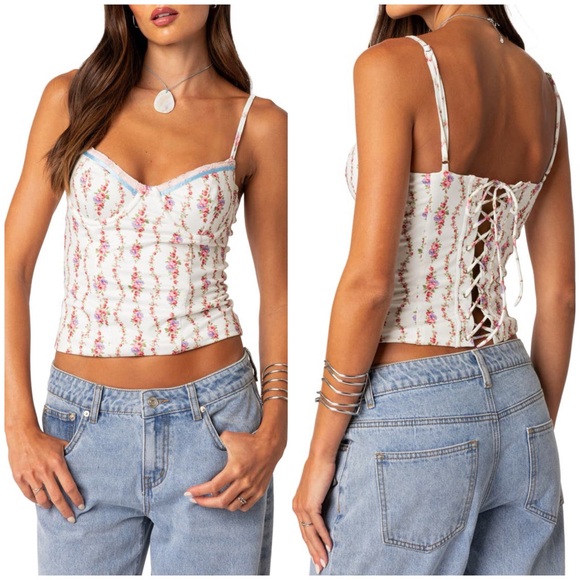 Edikted Tops - Edikted Indira White Floral Lace-up Corset Camisole Small